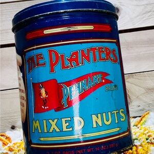 The Planters Mixed Nuts Tin - Blue and Red vintage peanut tin